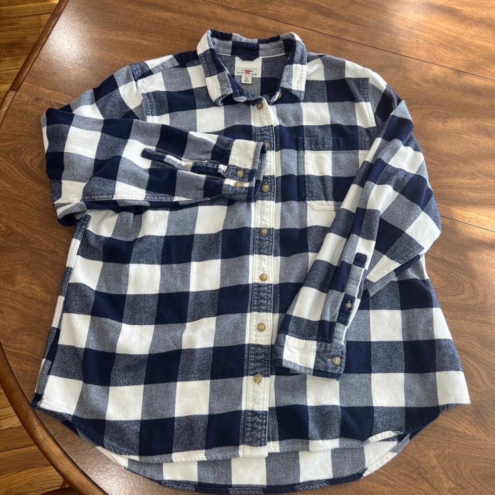 LL Bean Womens XL Blue White Buffalo Check Organic Cotton Flannel Shirt 506162